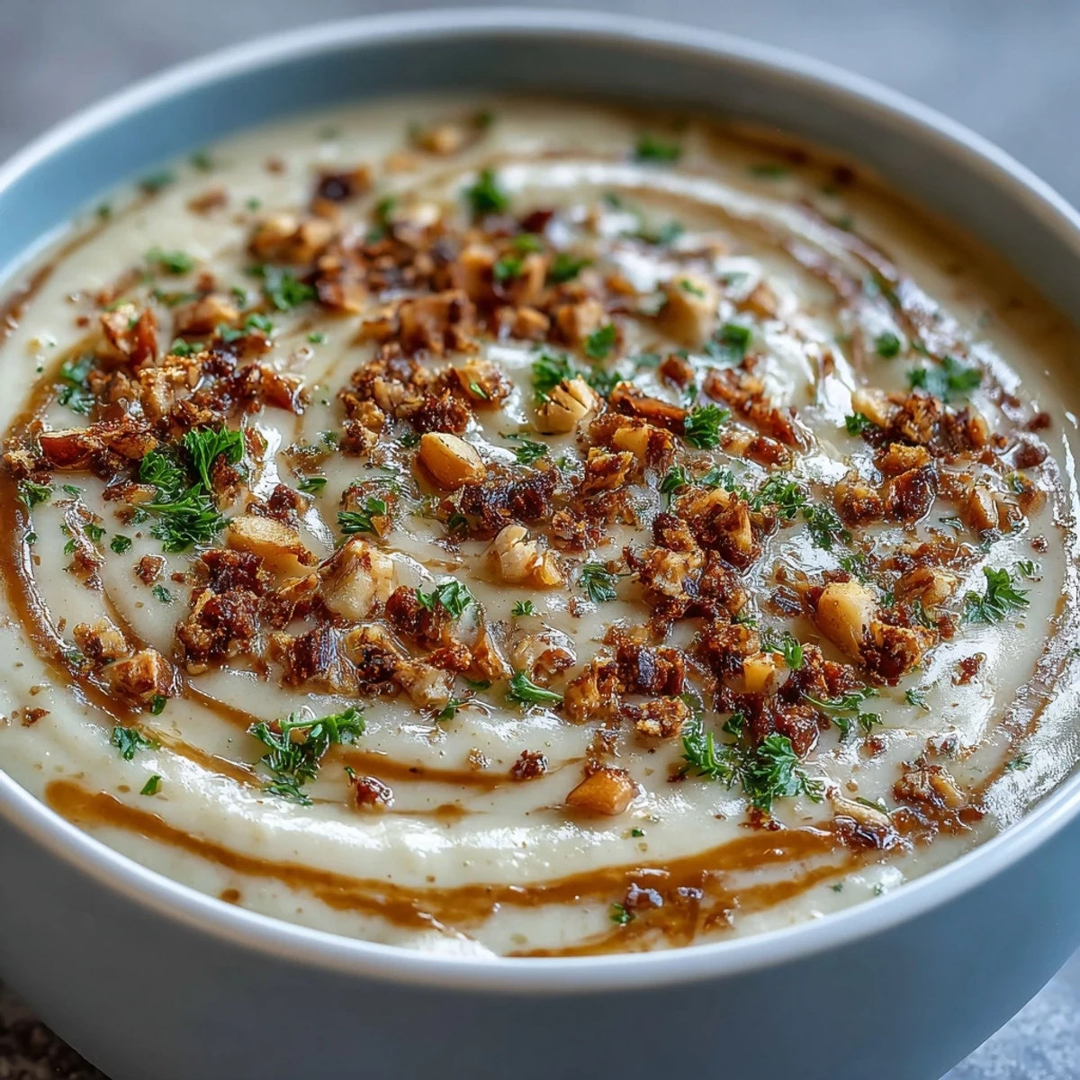Hearty Celeriac Soup With Hazelnut Crumble for cozy dinners, paired with crusty bread on the side.