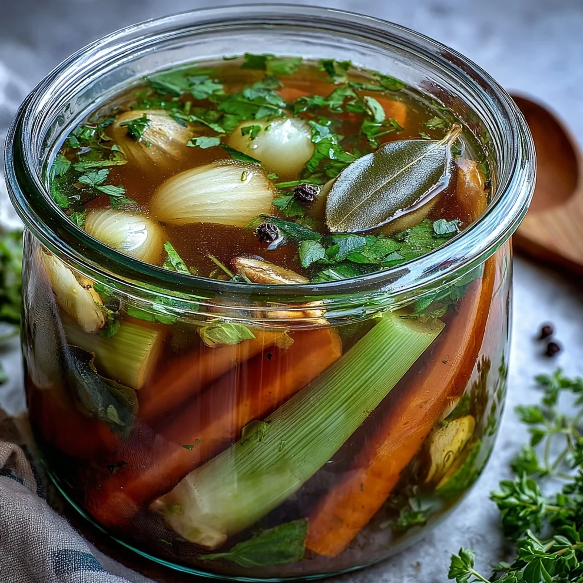 Homemade Vegetable Broth From Scraps simmering in a stockpot with aromatic bay leaves and black peppercorns, releasing gentle steam.