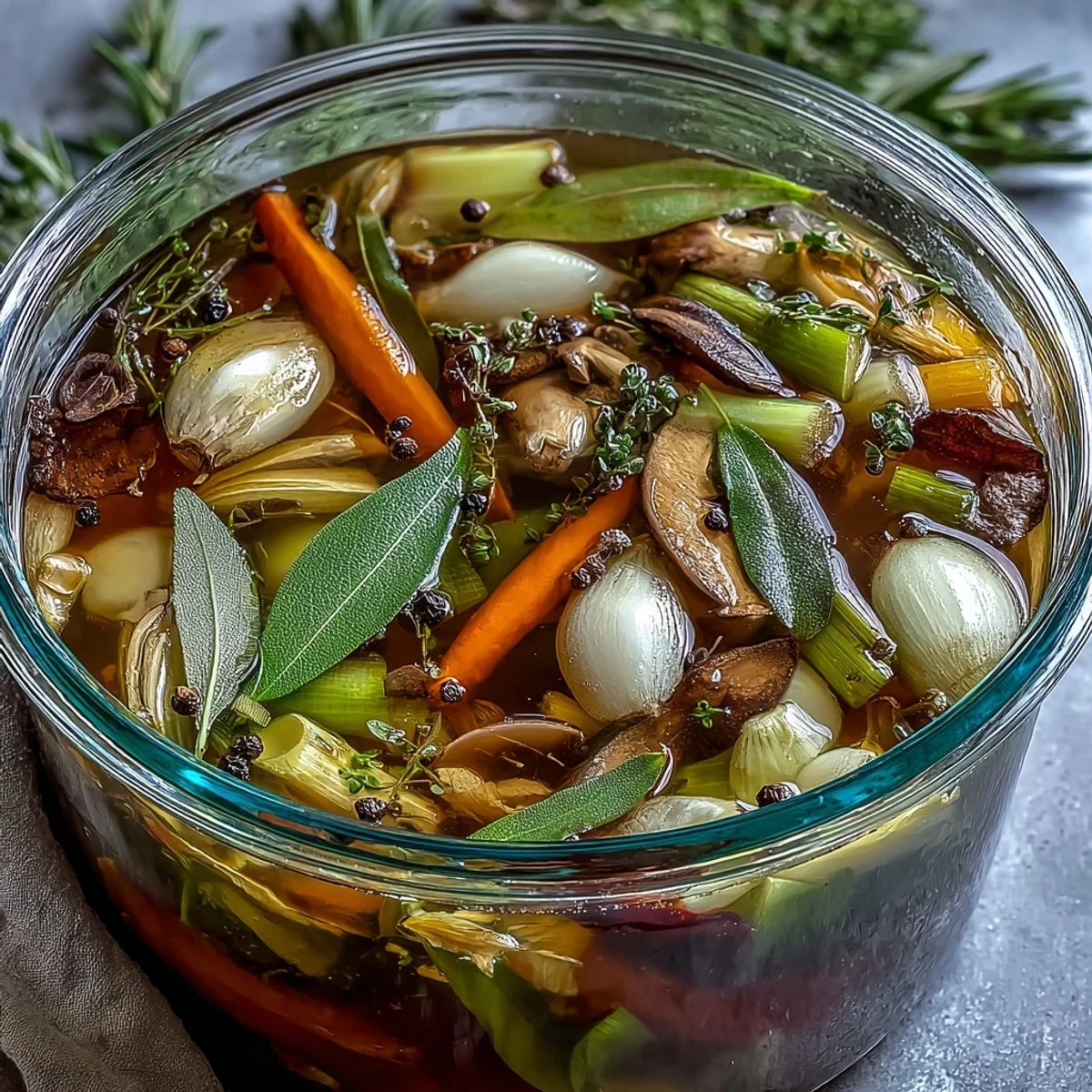 A fine-mesh sieve strains the golden Vegetable Broth From Scraps into a clear glass bowl, ready for storage or sipping.