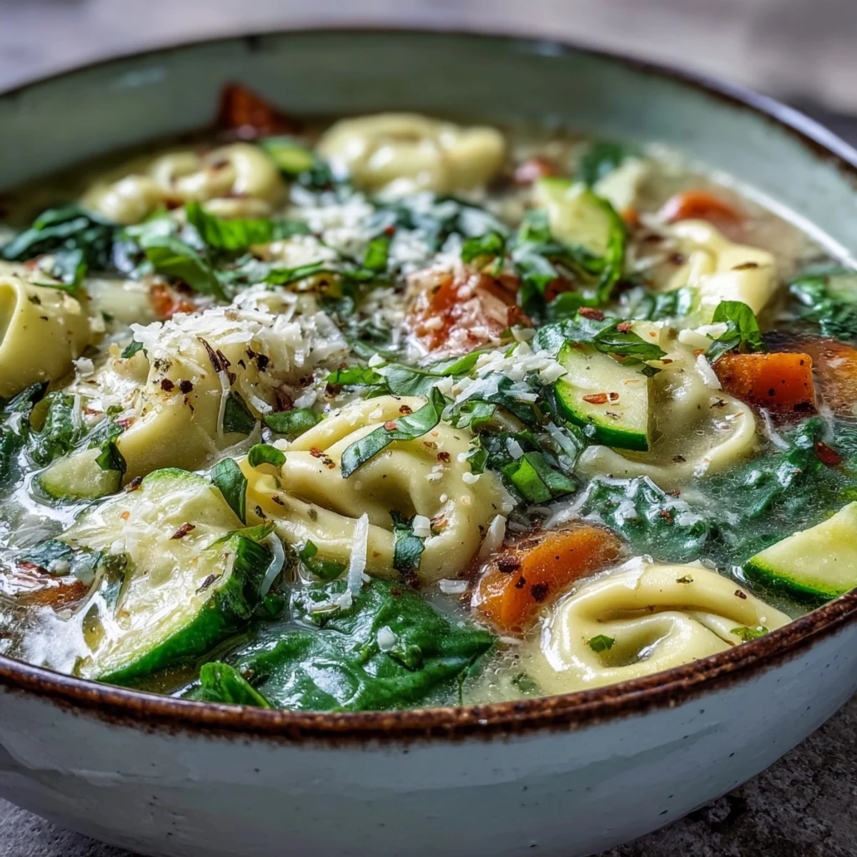 Garnished Creamy Vegetable Tortellini Soup with Parmesan and basil beside crusty bread.