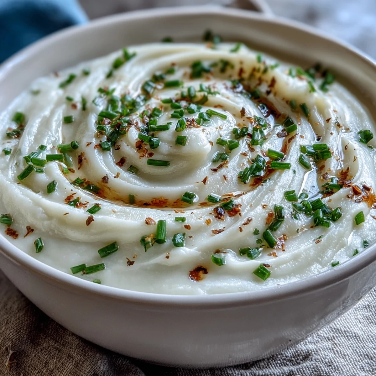 Creamy Celery Root Bisque in a white bowl, garnished with fresh chives and a swirl of rich cream.
