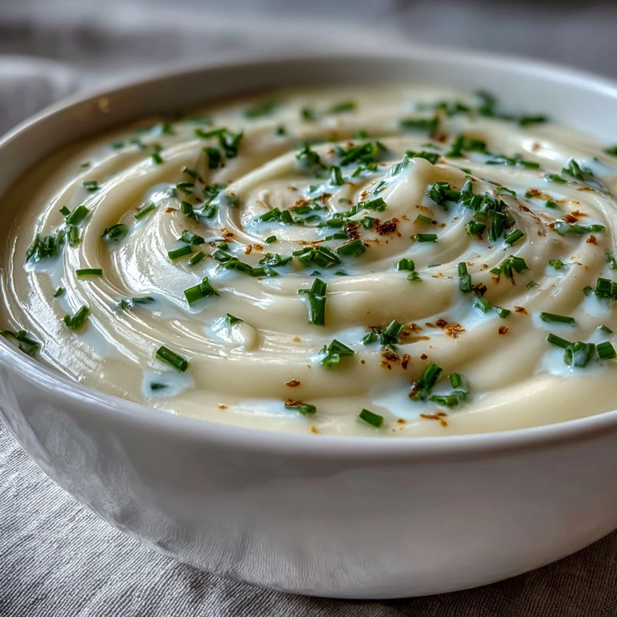 A smooth, pale Creamy Celery Root Bisque in a rustic bowl, highlighting the elegant French-inspired soup.