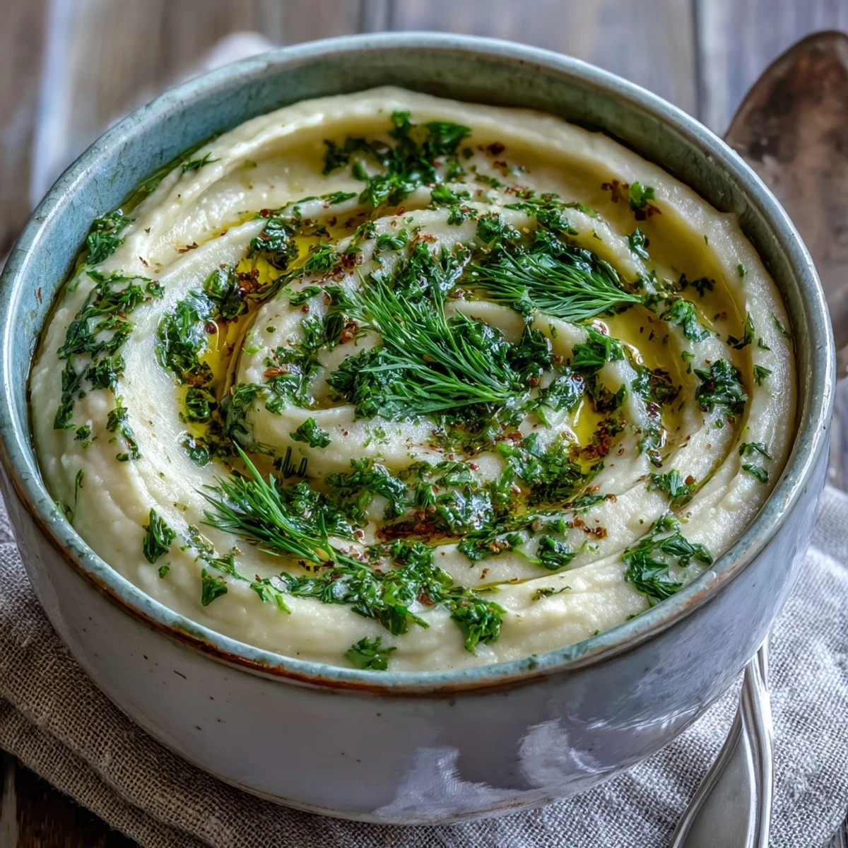 A bowl of creamy Parsnip and Herb Soup garnished with fresh chives and a drizzle of olive oil.