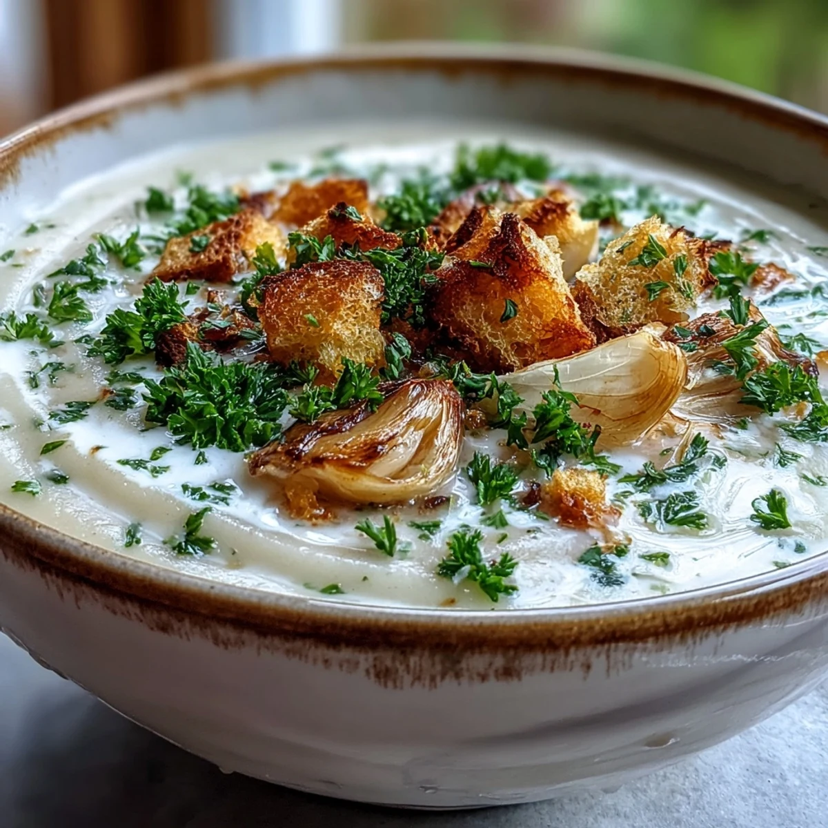Creamy Roasted Garlic Soup served with a slice of toasted gluten-free bread.