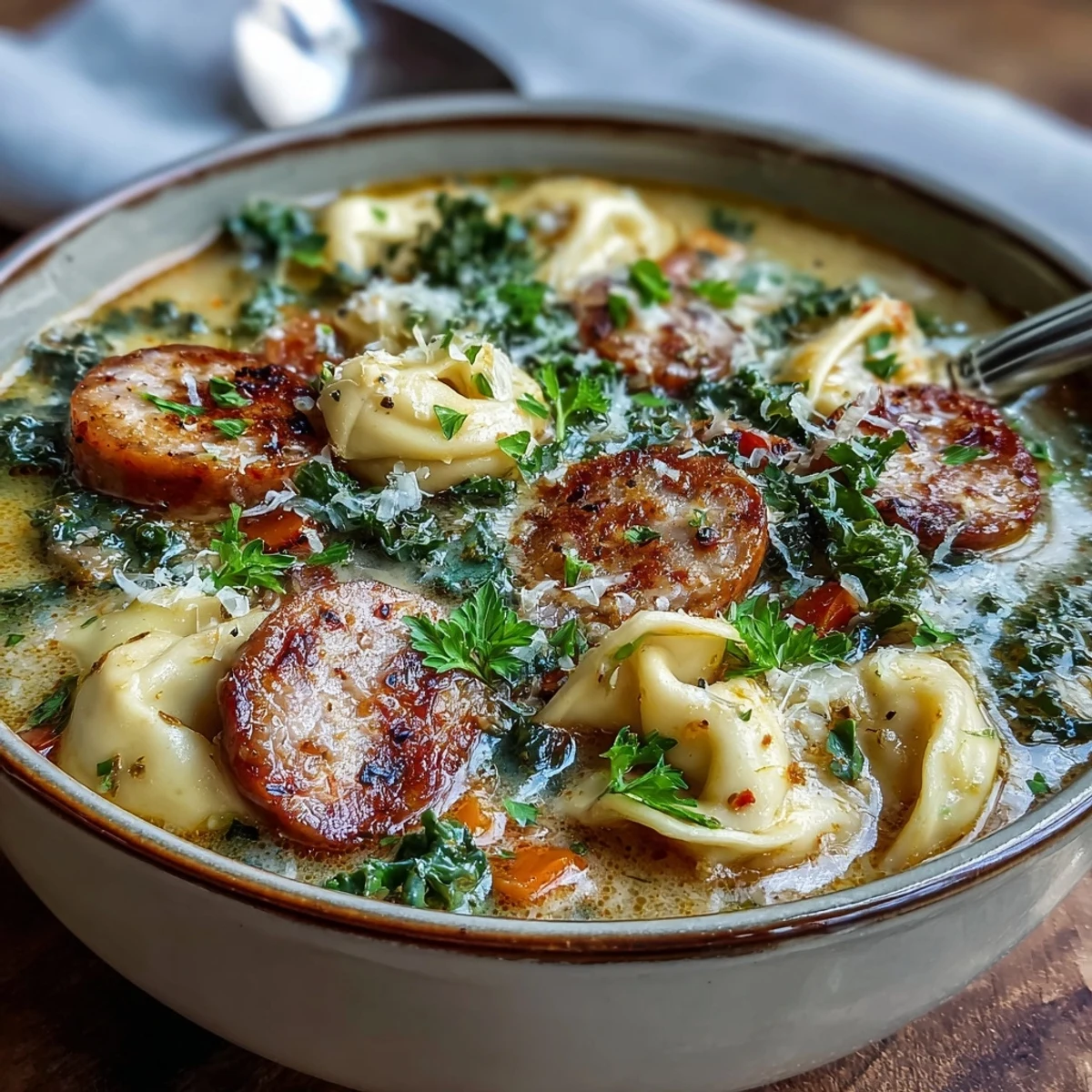 Creamy pumpkin tortellini soup with chicken sausage and kale served steaming in a rustic bowl.