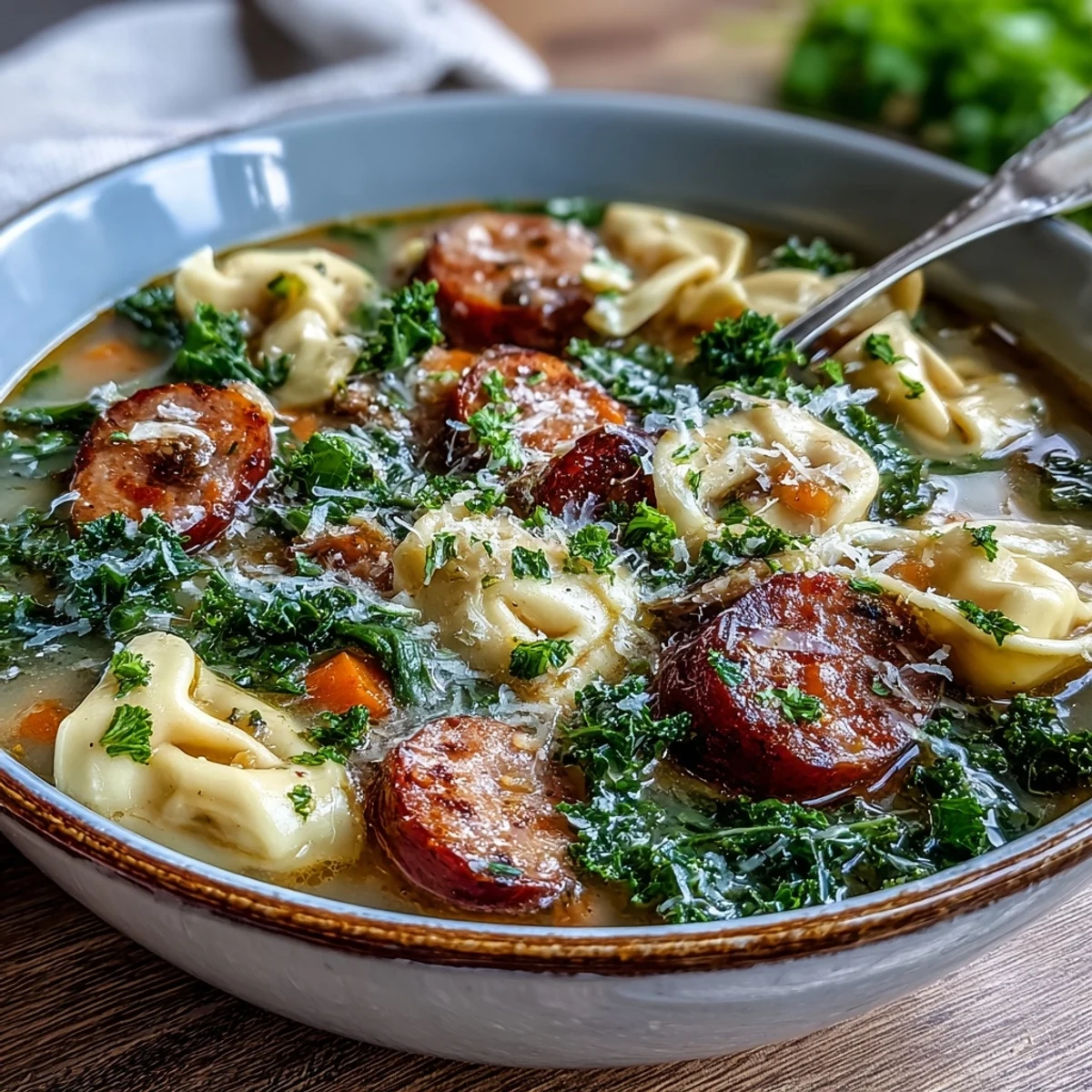 Cheesy pumpkin tortellini soup simmering with sliced chicken sausage and kale, garnished with parsley.