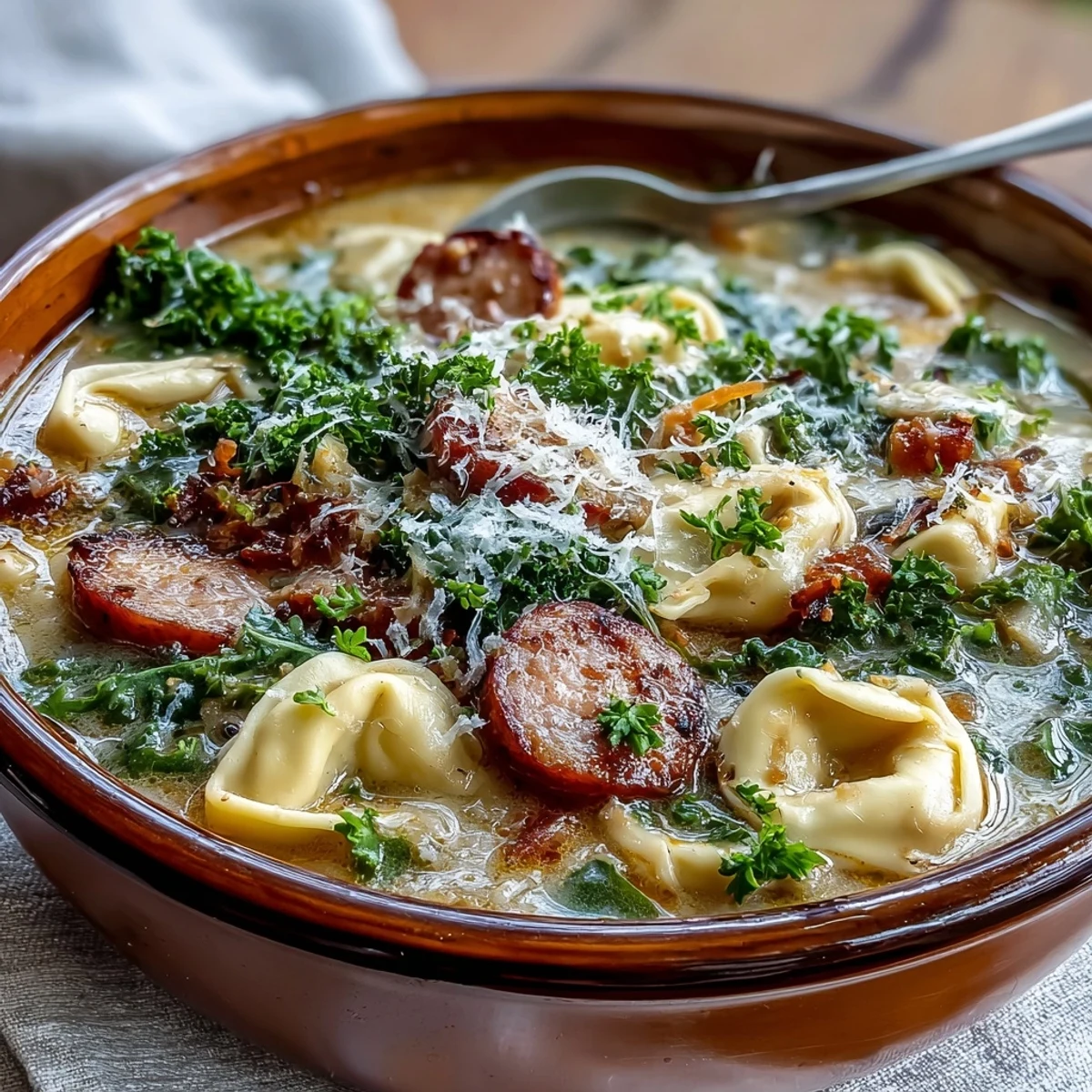 Hearty pumpkin tortellini soup with chicken sausage and kale beside a slice of crusty bread.