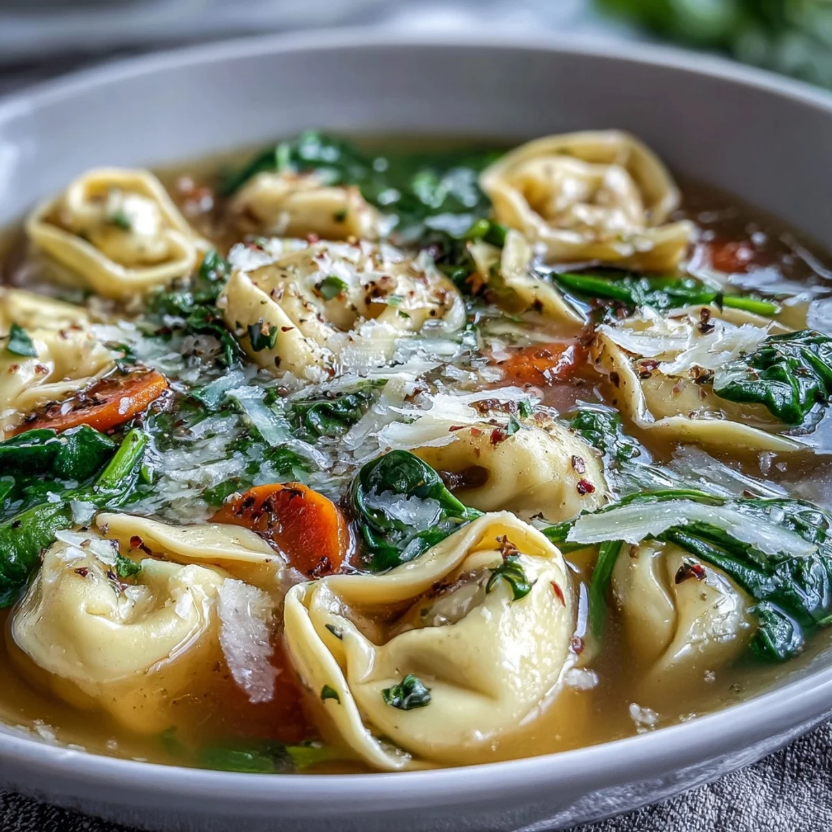 Creamy Easy Tortellini Soup with chicken broth simmers with carrots, celery, and wilted spinach in a rustic pot.