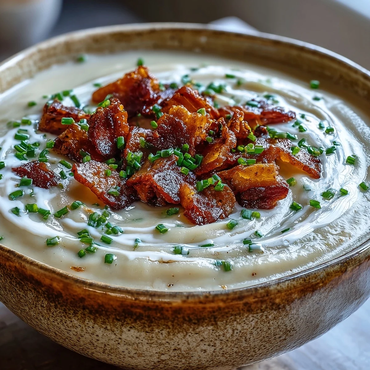 Creamy Celeriac Soup with Crispy Bacon served hot in a white bowl, topped with golden bacon pieces and fresh chives.