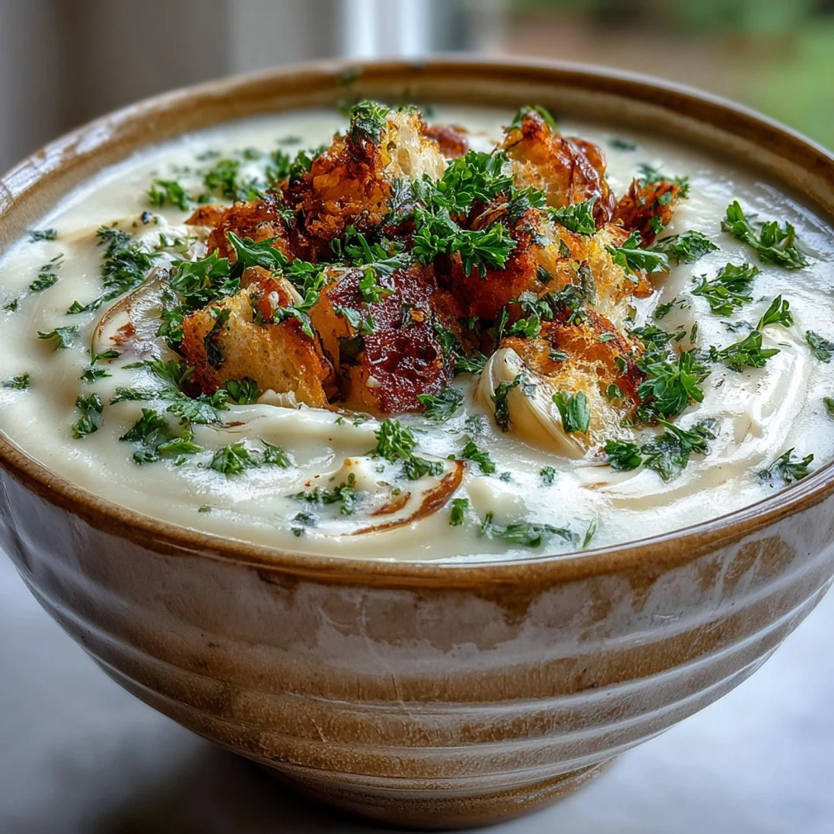 Steaming bowl of Roasted Garlic Soup garnished with fresh parsley and croutons.