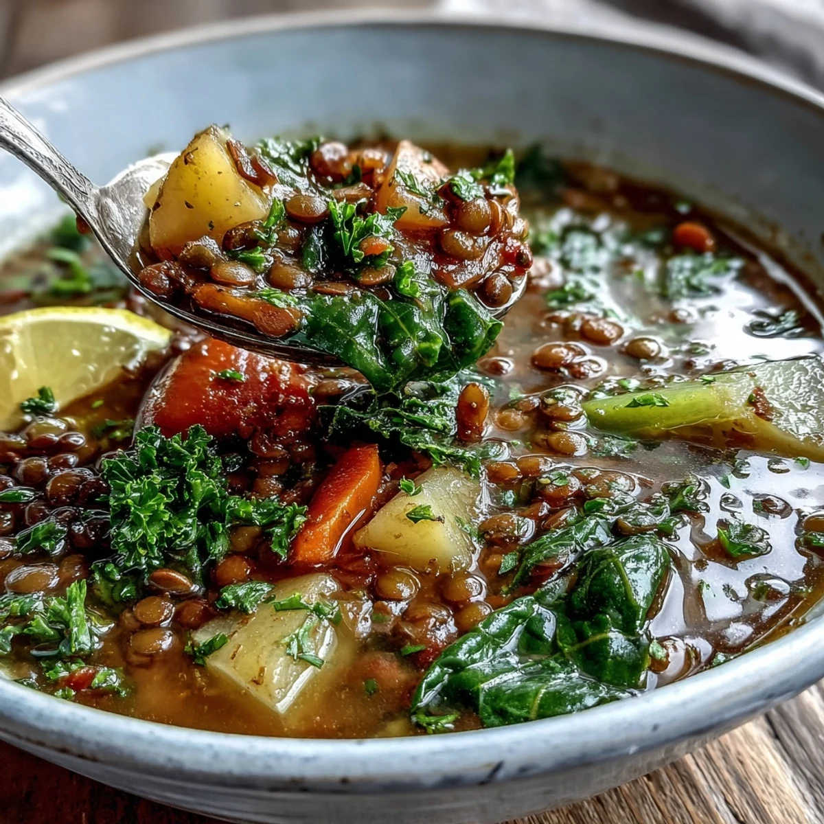Hearty vegetarian lentil stew in a rustic bowl, filled with tender lentils, carrots, and spinach, topped with fresh parsley and lemon wedges.