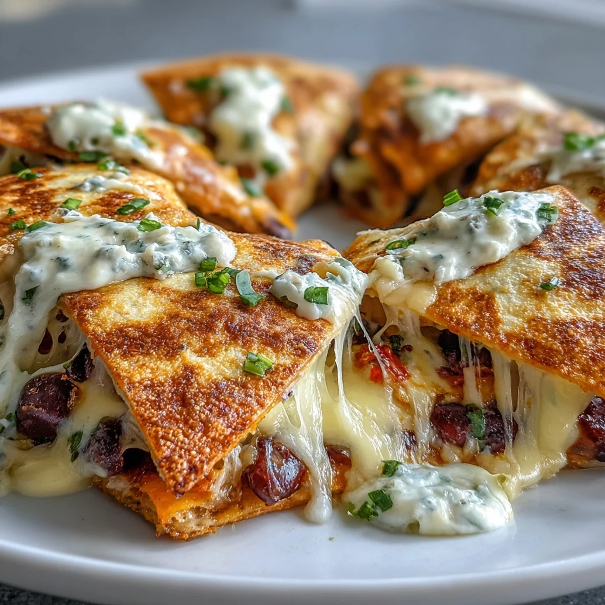 Golden-baked Blooming Quesadilla Ring with melted cheese and black beans, arranged on a platter with salsa and sour cream for dipping.  