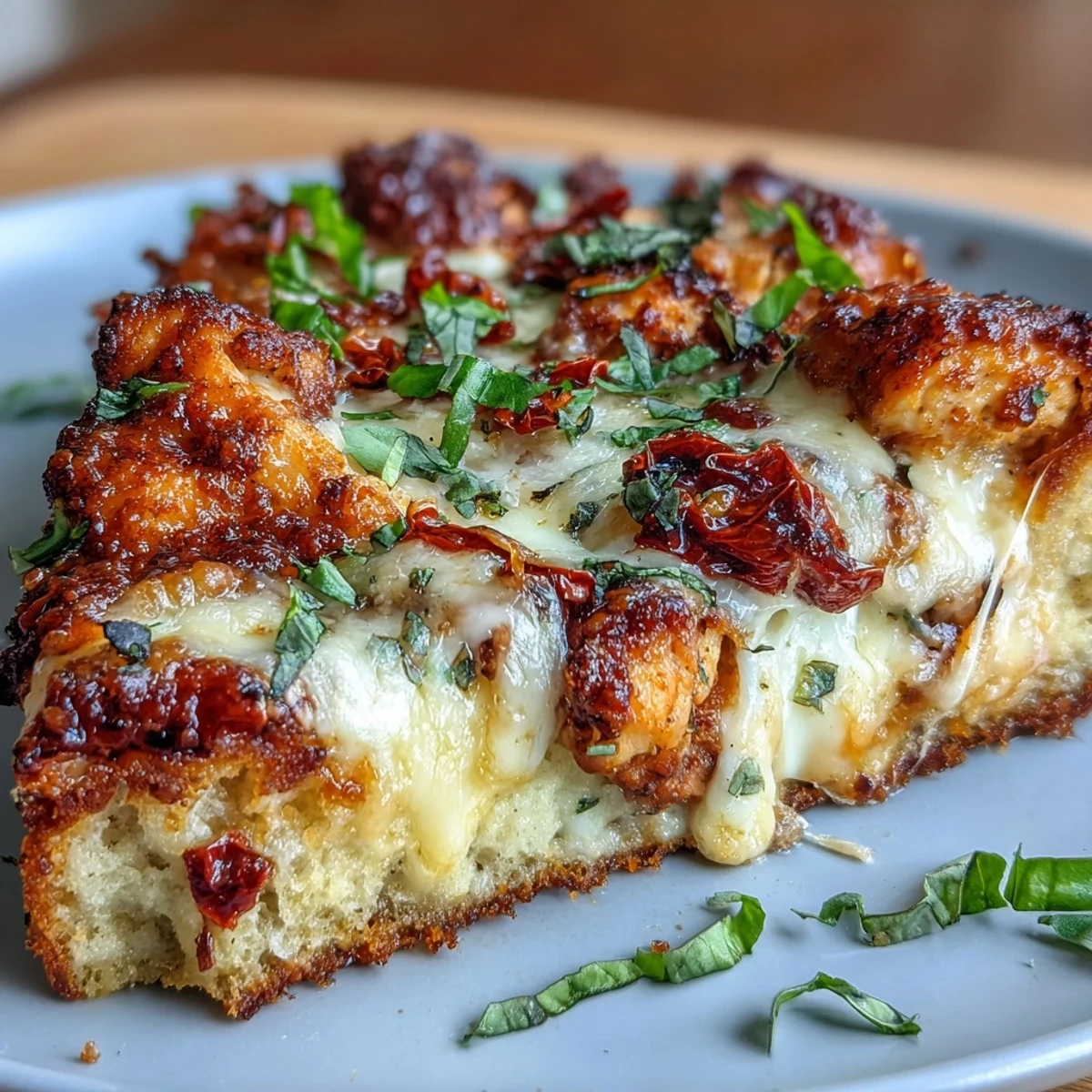 A close-up of Marry Me Chicken Pizza with a golden crust, creamy chicken, and vibrant sun-dried tomato pieces.  