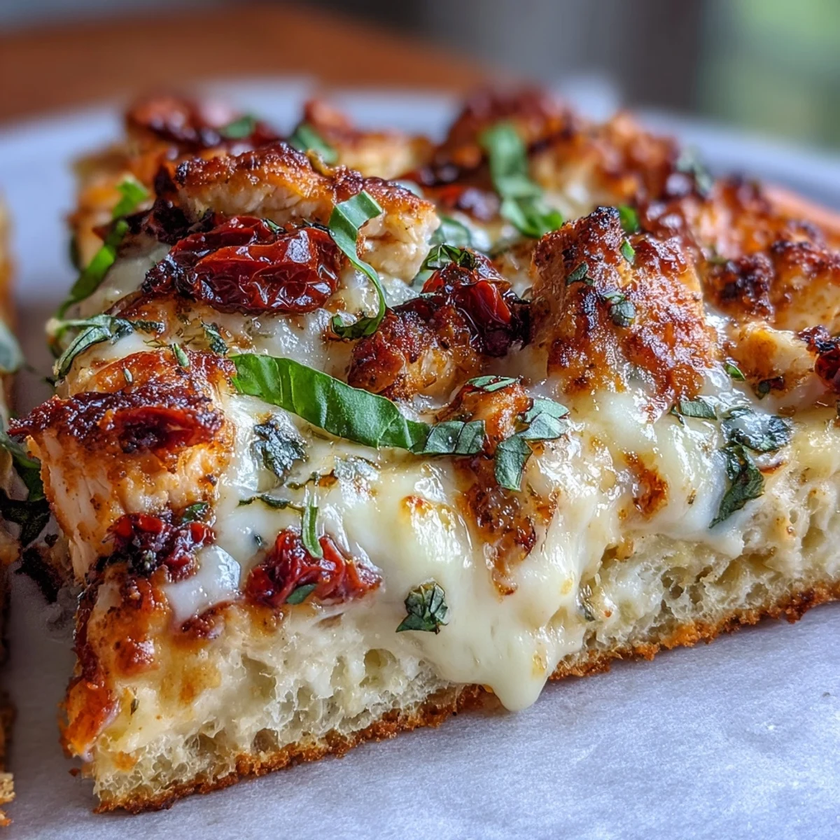 Golden, crispy Marry Me Chicken Pizza topped with creamy chicken, sun-dried tomatoes, and melted mozzarella on a fresh basil garnish.  
