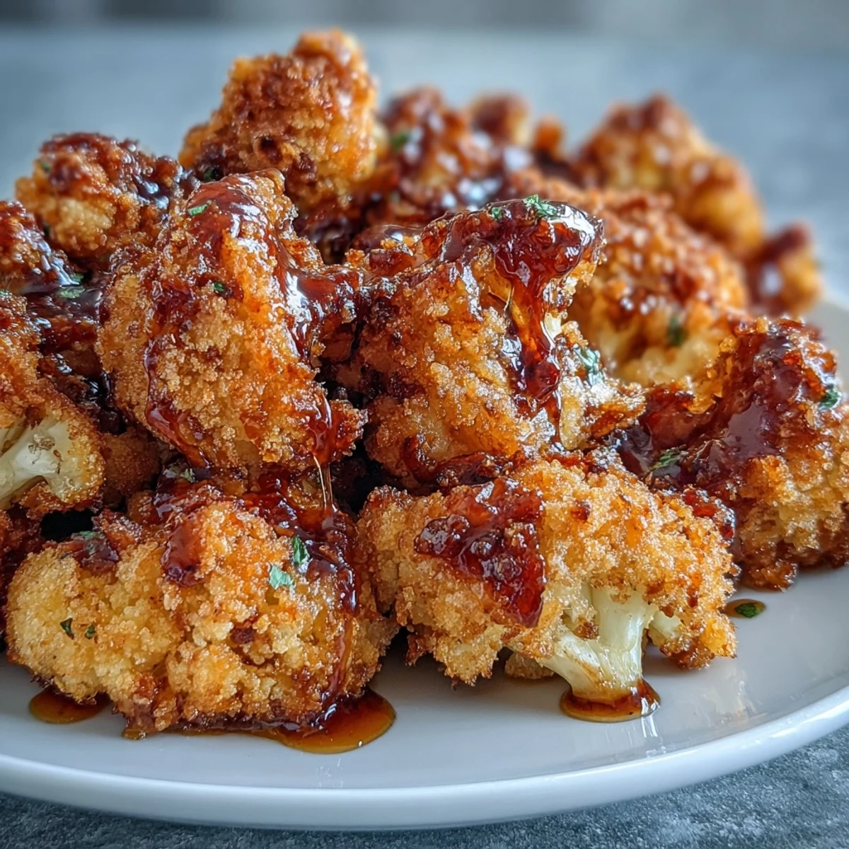 Golden-brown Crunchy Baked Hot Honey Cauliflower florets glistening with a sweet-spicy glaze, served on a rustic platter.