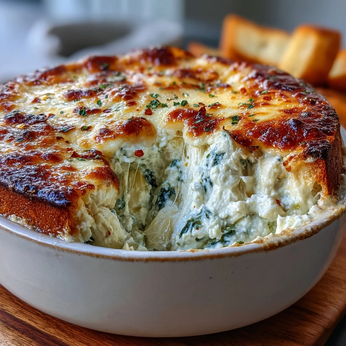 A close-up of rich Spinach Artichoke Dip showing tender green spinach and artichoke hearts in a cheesy, baked custard.