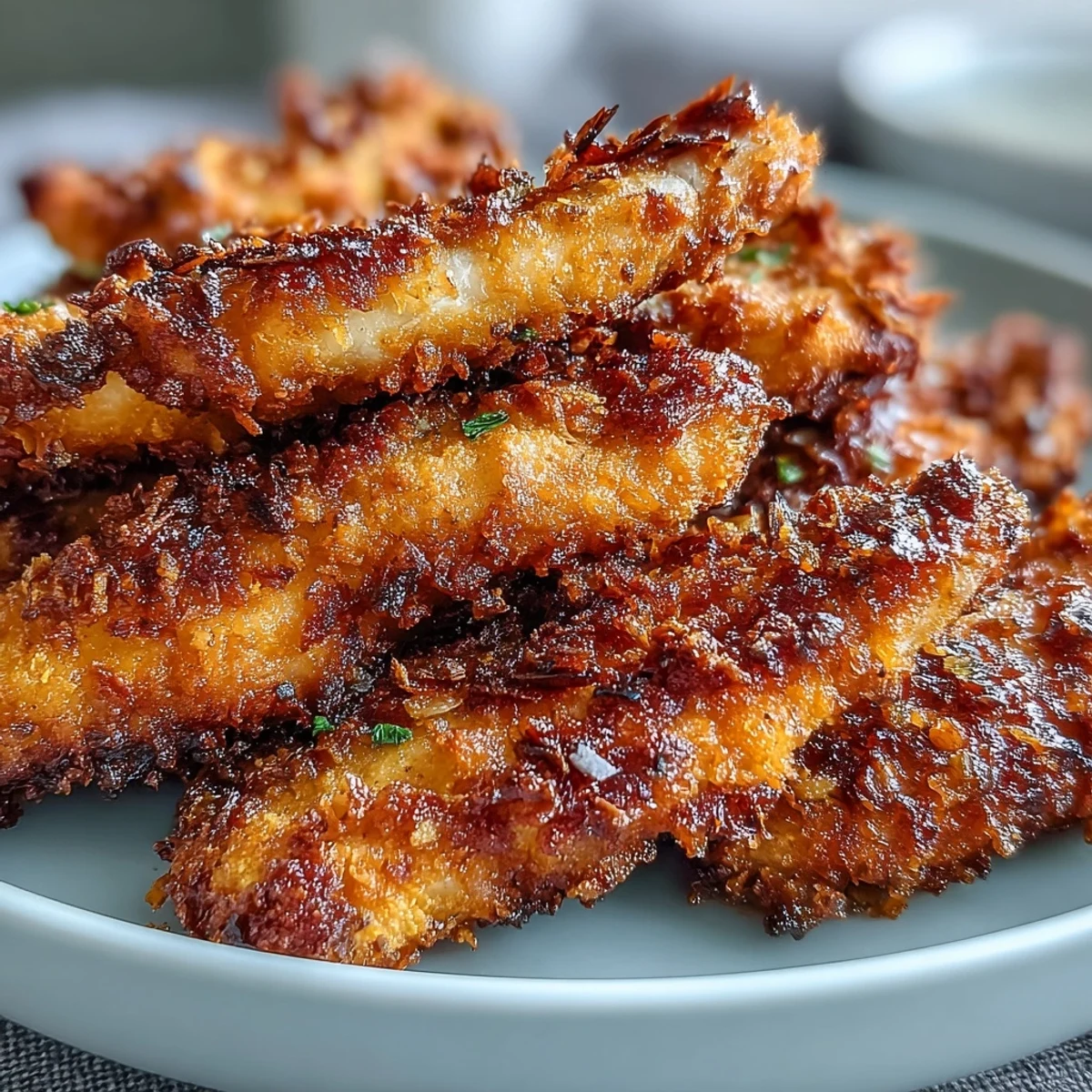 Close-up of juicy Crispy Turmeric Chicken Tenders resting on parchment paper, highlighting the crunchy texture.