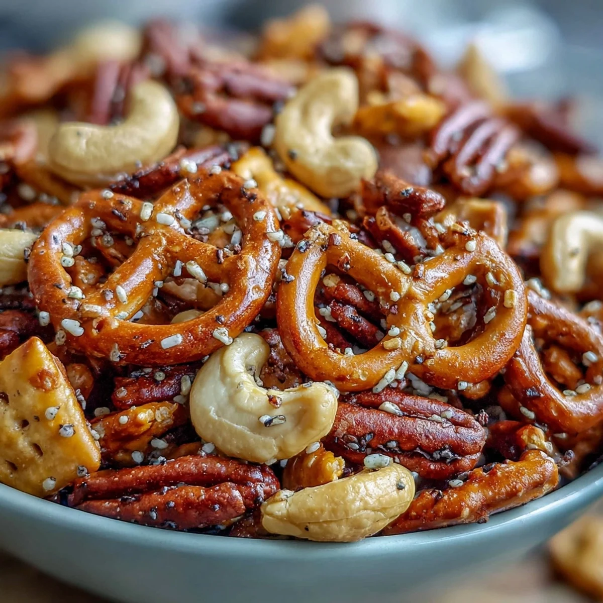 A golden bowl of Everything Ranch Cheese and Pretzel Snack Mix, loaded with crunchy pretzels, cheddar crackers, and toasted cashews, ready for game day.