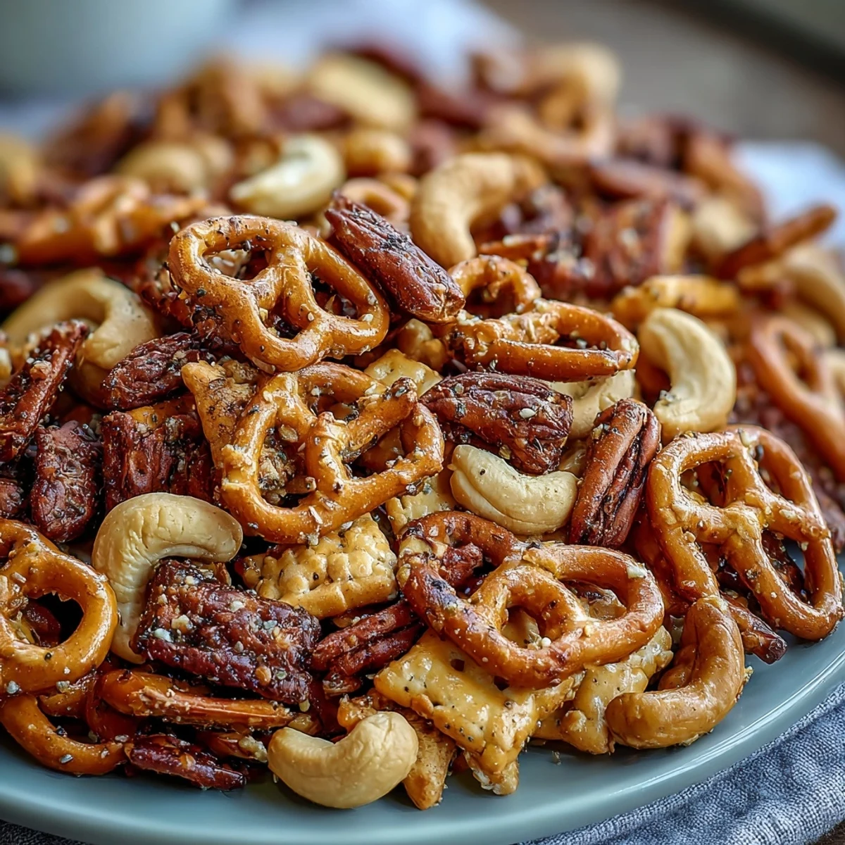 Freshly baked Everything Ranch Cheese and Pretzel Snack Mix cooling on a sheet pan, emitting a warm, tangy ranch and cheesy aroma for casual snacking.