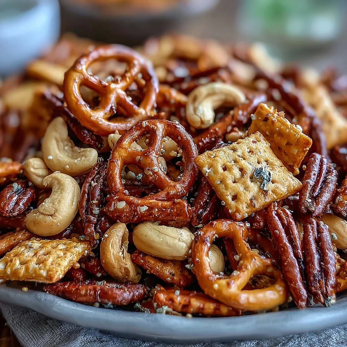 A close-up of Everything Ranch Cheese and Pretzel Snack Mix on a platter, with melted butter glaze, everything bagel seasoning, and savory rye chips.