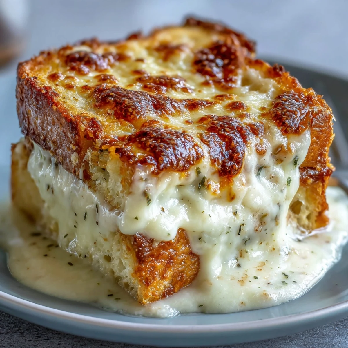 A slice of savory Croque Monsieur Casserole revealing creamy layers of béchamel.