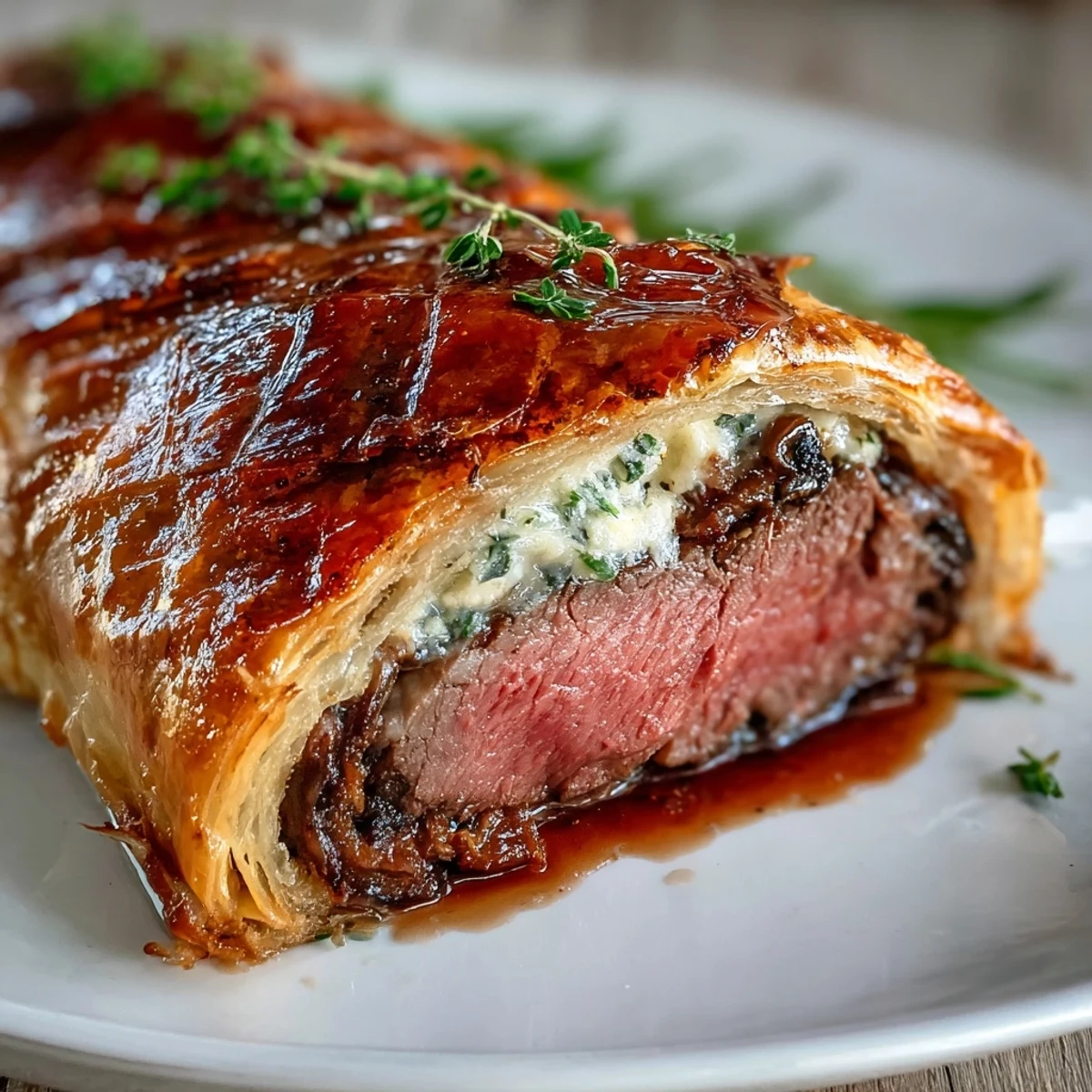 Golden, flaky puff pastry encases a tender, juicy beef fillet and prosciutto-wrapped mushroom duxelles, sliced to reveal perfect pink centers, ideal for a special occasion main course.