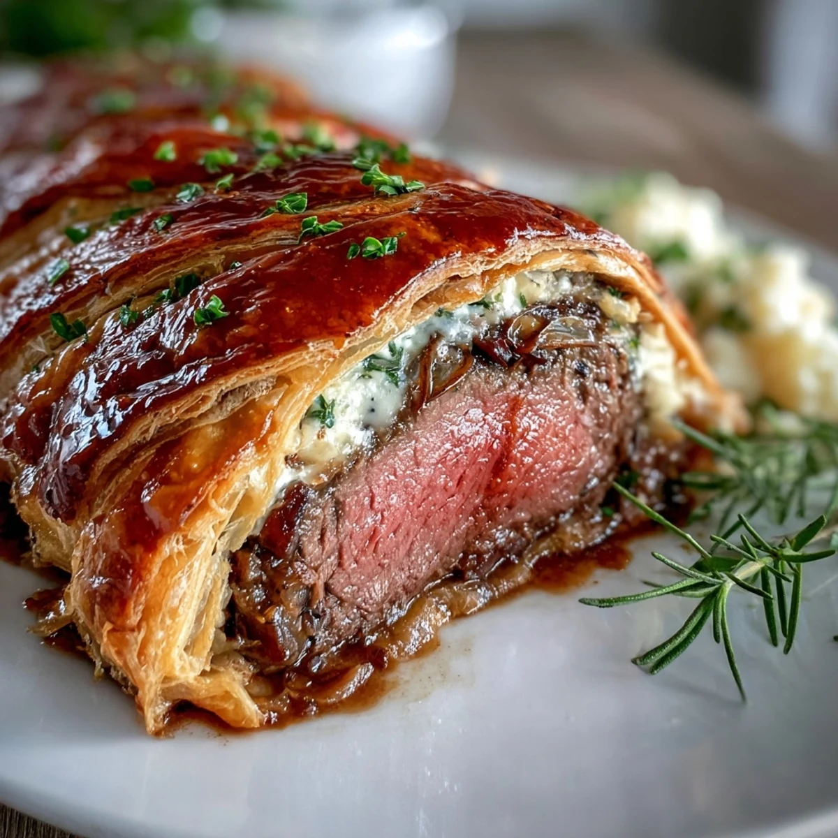 A beautifully baked Beef Wellington with crisp, golden-brown pastry brushed with egg wash, resting on parchment, showcasing its impressive, restaurant-quality crust before slicing for a celebratory meal.