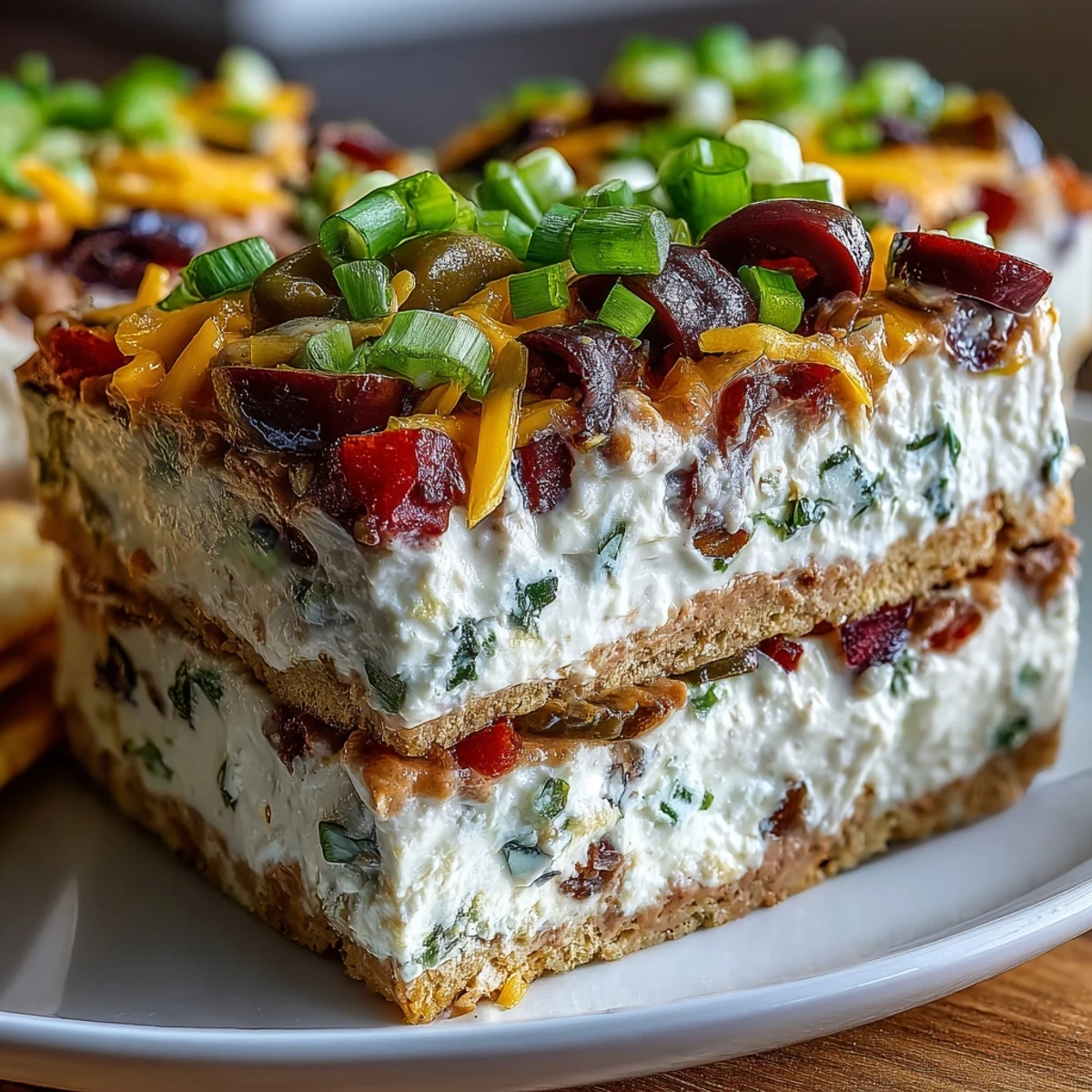 Creamy layered dip with refried beans, sour cream, salsa, and cheddar, garnished with olives and green onions.