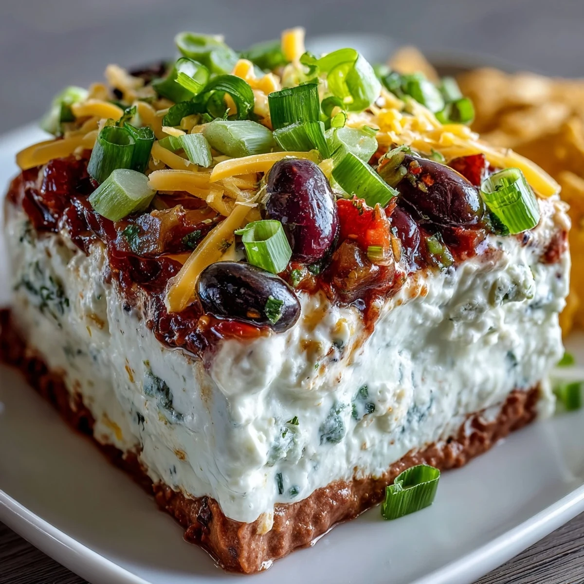 Colorful 4-Way Layered Dip in a glass dish, showing four distinct savory layers, perfect for game day gatherings.
