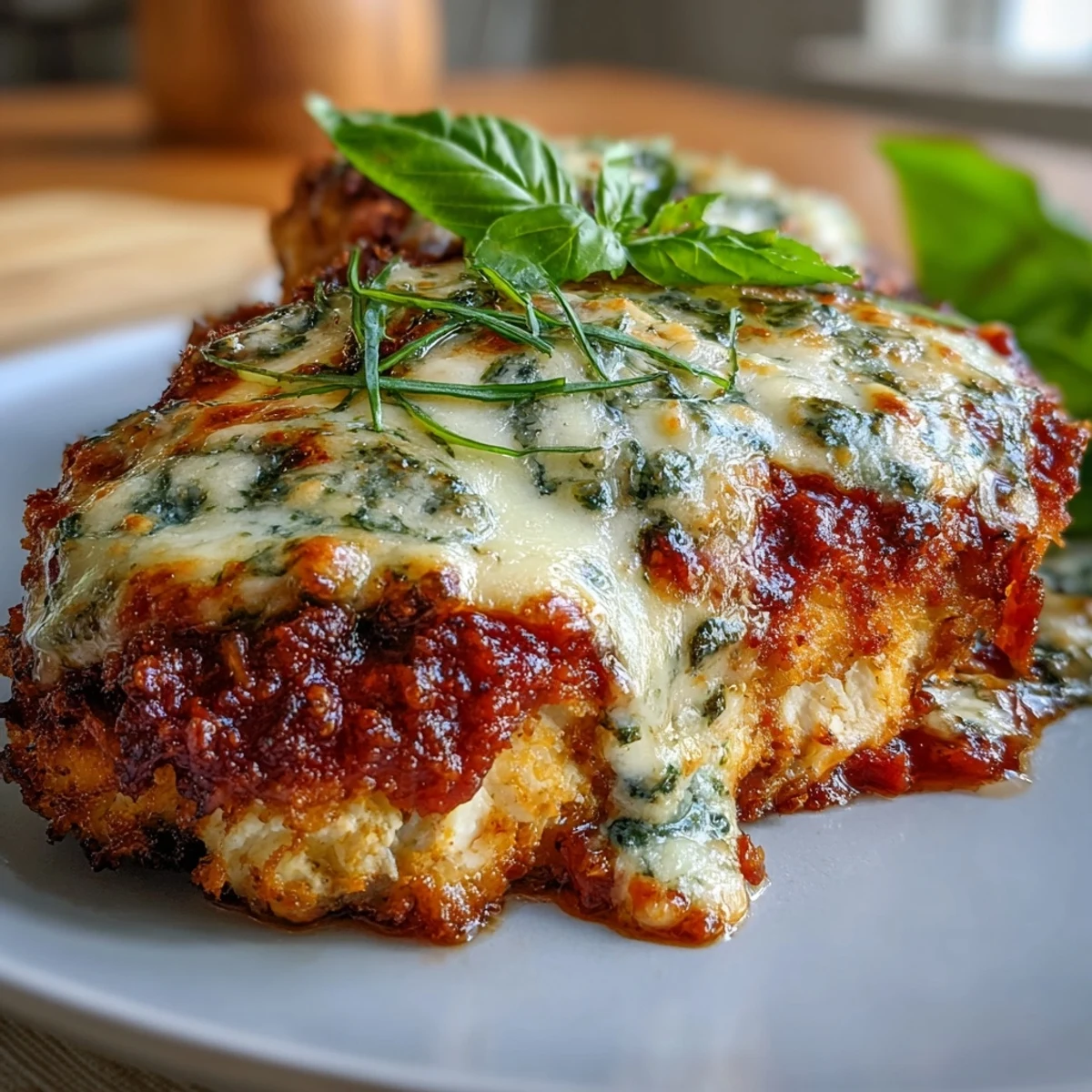 Golden brown Pesto Chicken Parmesan topped with melted mozzarella and fresh basil garnish.