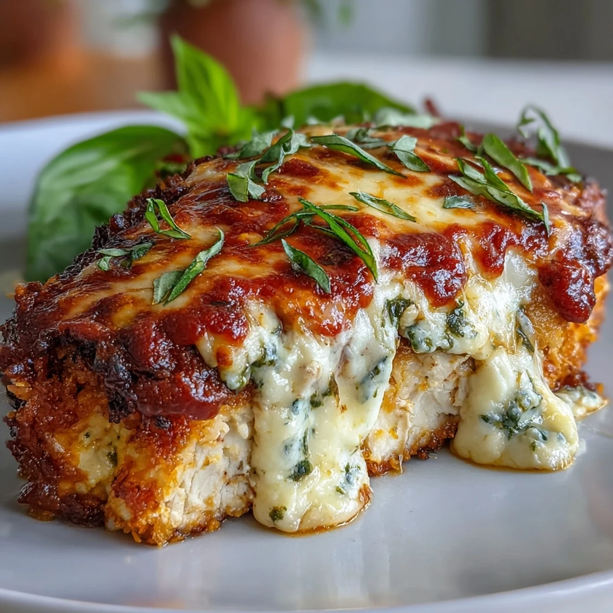 Juicy Pesto Chicken Parmesan served with spaghetti and garlic bread for dinner.