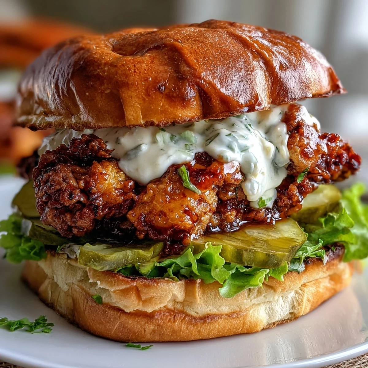 Freshly fried spicy chicken sandwich on a toasted brioche bun with creamy sauce dripping down the sides.