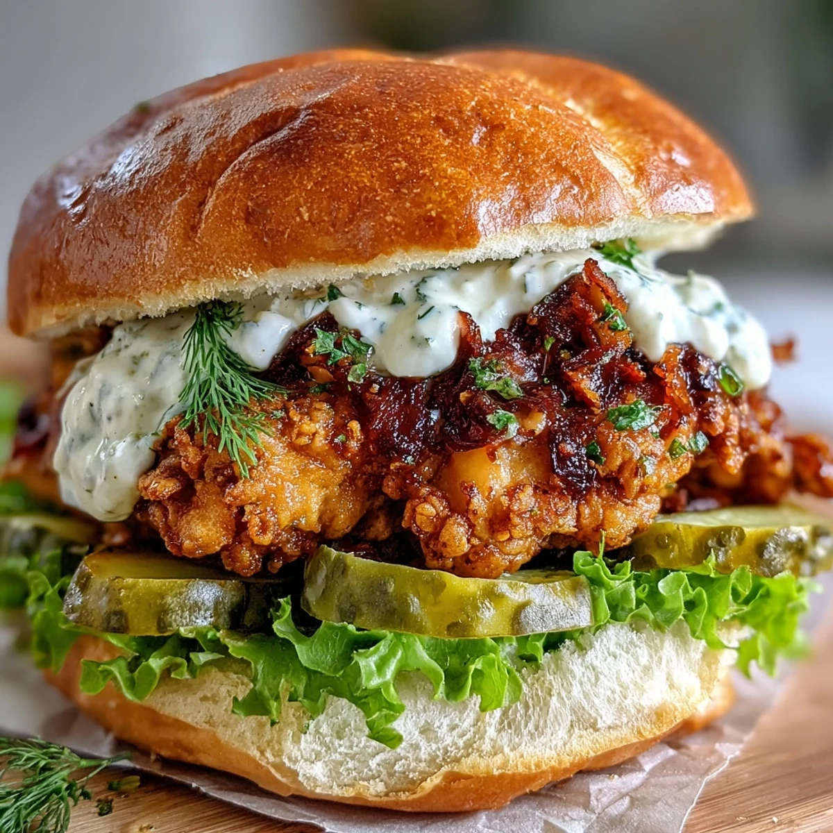 Crispy golden-breaded chicken breast layered with lettuce, pickles, and a generous dollop of homemade white sauce.