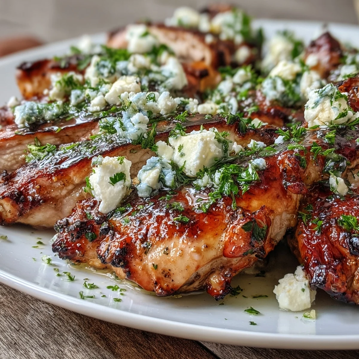 Bright Greek Chicken with Lemon and Feta on a plate with fresh parsley and lemon wedges.
