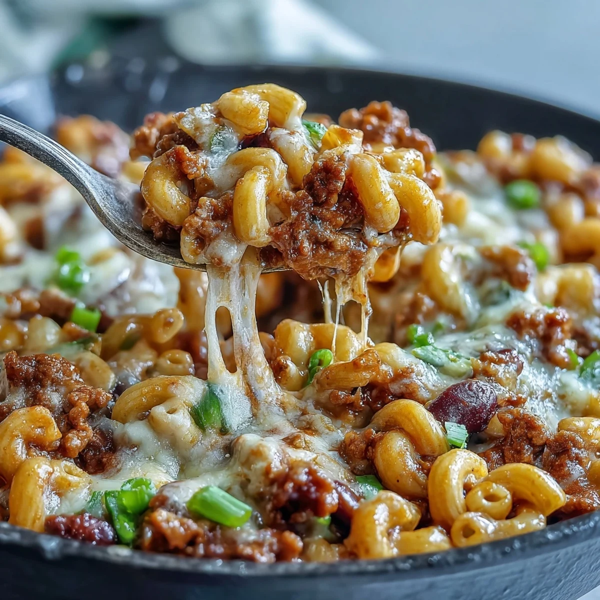 Steaming One-Pan High Protein Chili Mac is scooped from a skillet, topped with melted cheddar and green onions.
