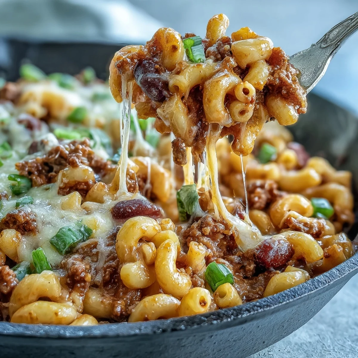 A hearty bowl of One-Pan High Protein Chili Mac features ground beef, macaroni, and a creamy, smoky red sauce.
