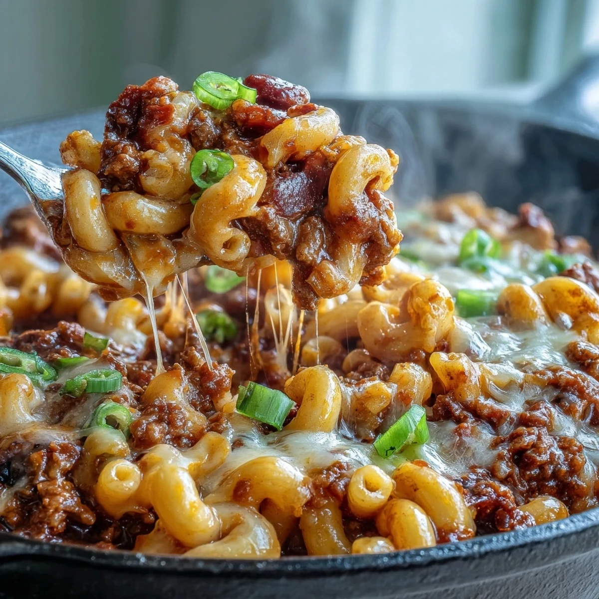 Serving suggestion for One-Pan High Protein Chili Mac with sour cream and crushed tortilla chips over a steamy portion.