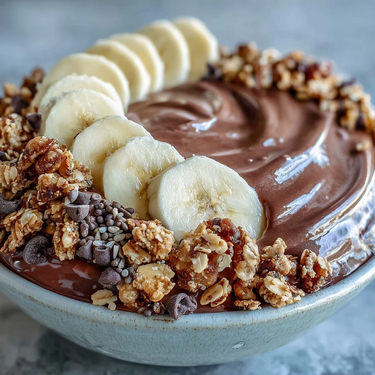 Thick and creamy Chunky Monkey Smoothie Bowls topped with crunchy granola and fresh banana slices.