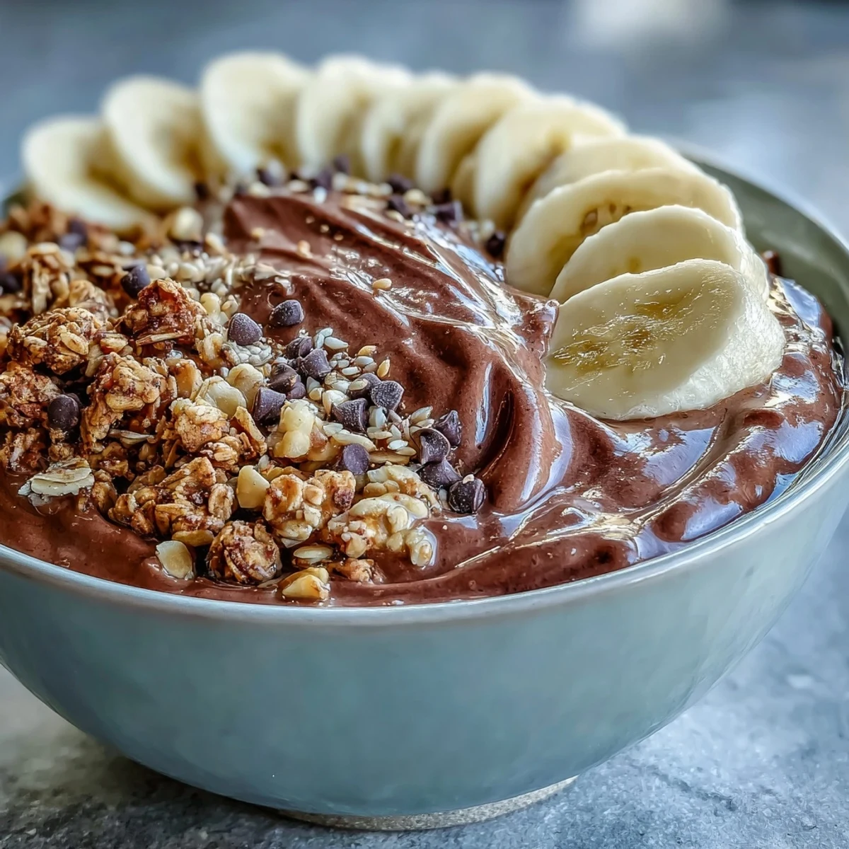 Healthy Chunky Monkey Smoothie Bowls served in a bowl with cacao nibs and hemp seeds.