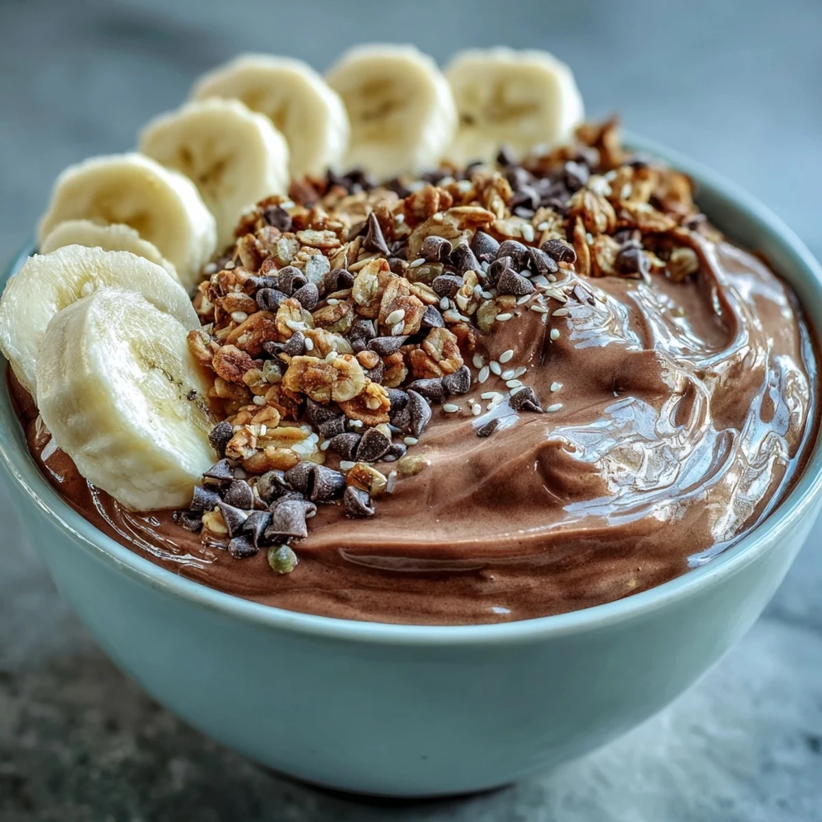 Chocolatey Chunky Monkey Smoothie Bowls garnished with sliced bananas and a drizzle of peanut butter.