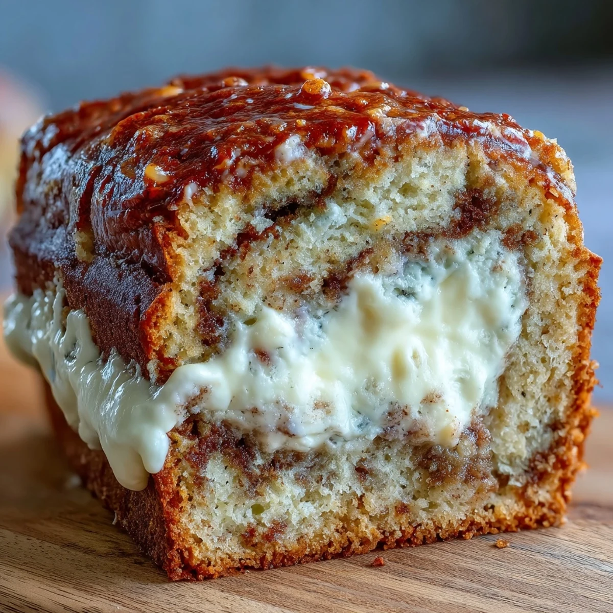 Close-up of Cream Cheese Cinnamon Swirl Banana Bread sliced to show the creamy white filling and warm brown sugar swirl. 