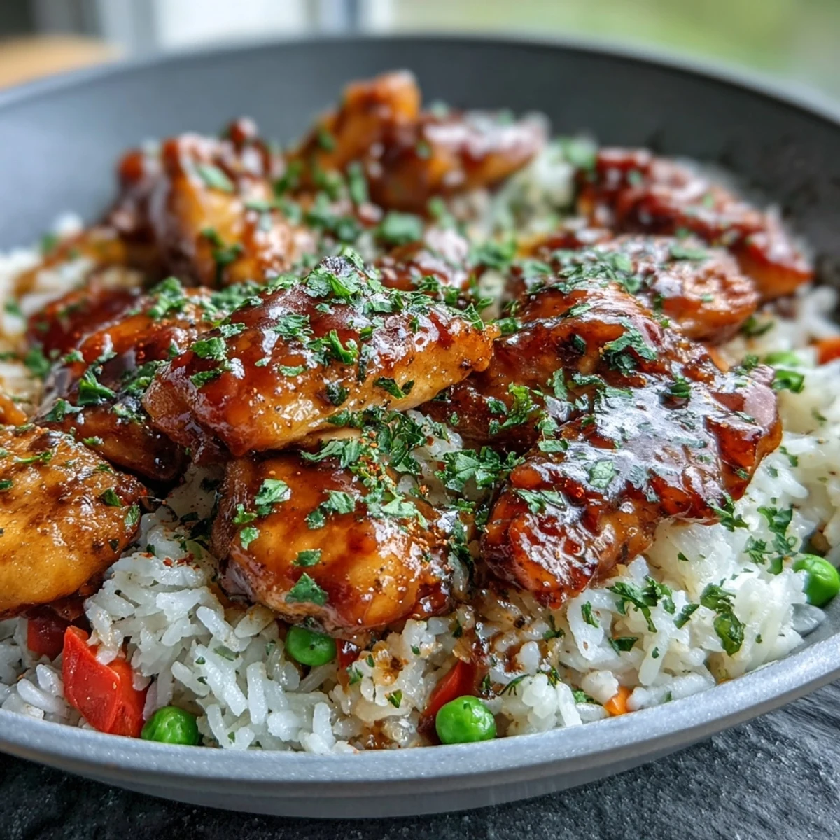 Golden-brown honey BBQ chicken pieces glazed in a sticky sauce, served over fluffy white rice with colorful bell peppers and peas in a skillet.