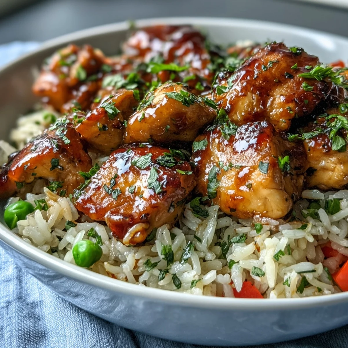 One-Pan Bold Honey BBQ Chicken Rice plated with a fresh lime wedge for brightness, ready to be enjoyed as a quick and hearty weeknight meal.