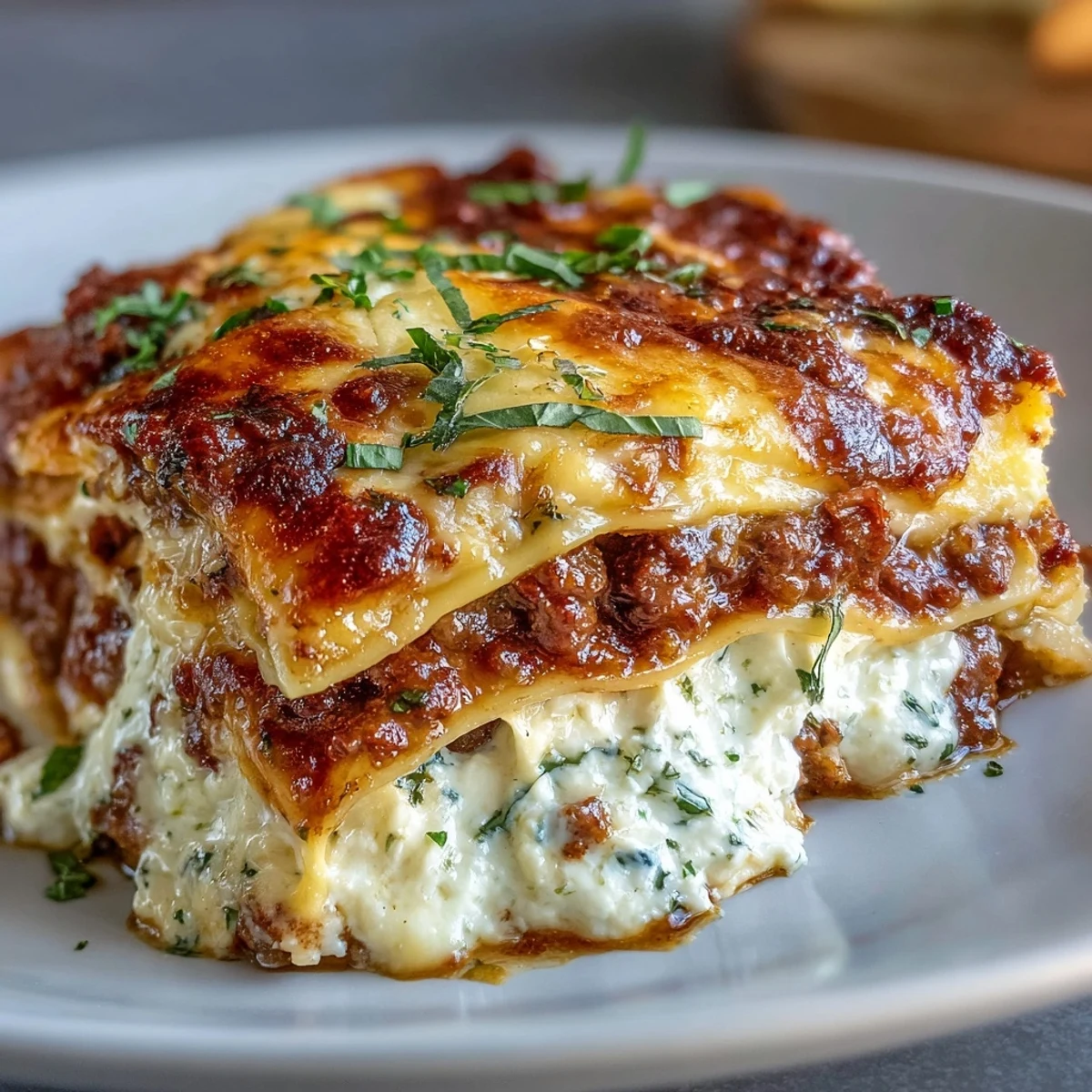 Perfectly baked Worlds Best Lasagna with golden bubbling cheese and fresh basil garnish.