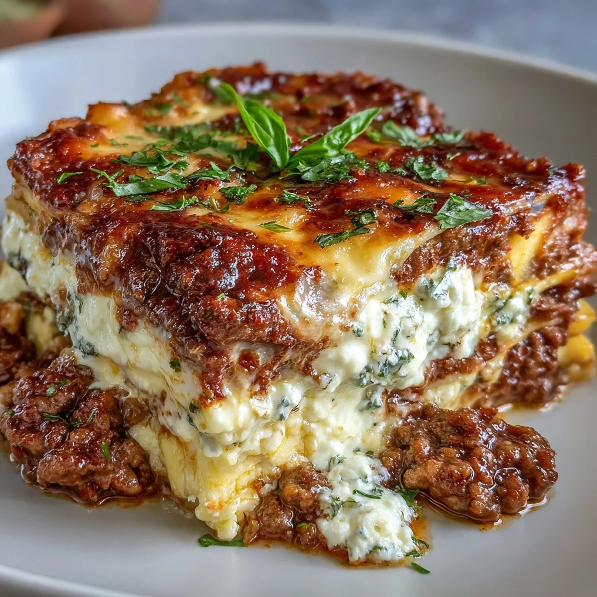 A serving of Worlds Best Lasagna paired with a glass of red wine.