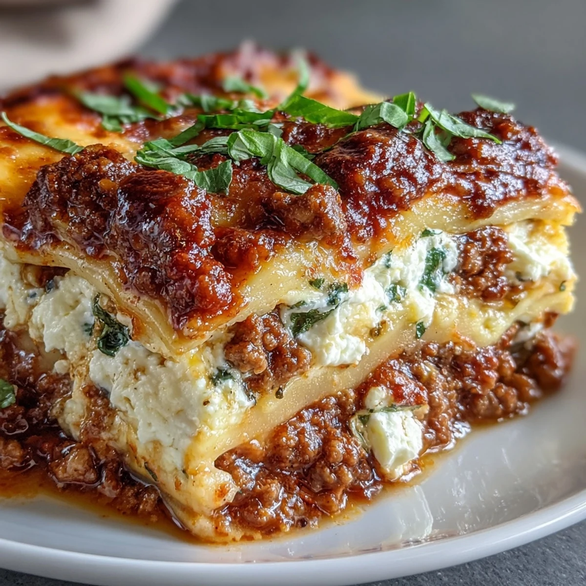 Layers of Worlds Best Lasagna reveal rich meat sauce and creamy ricotta filling.