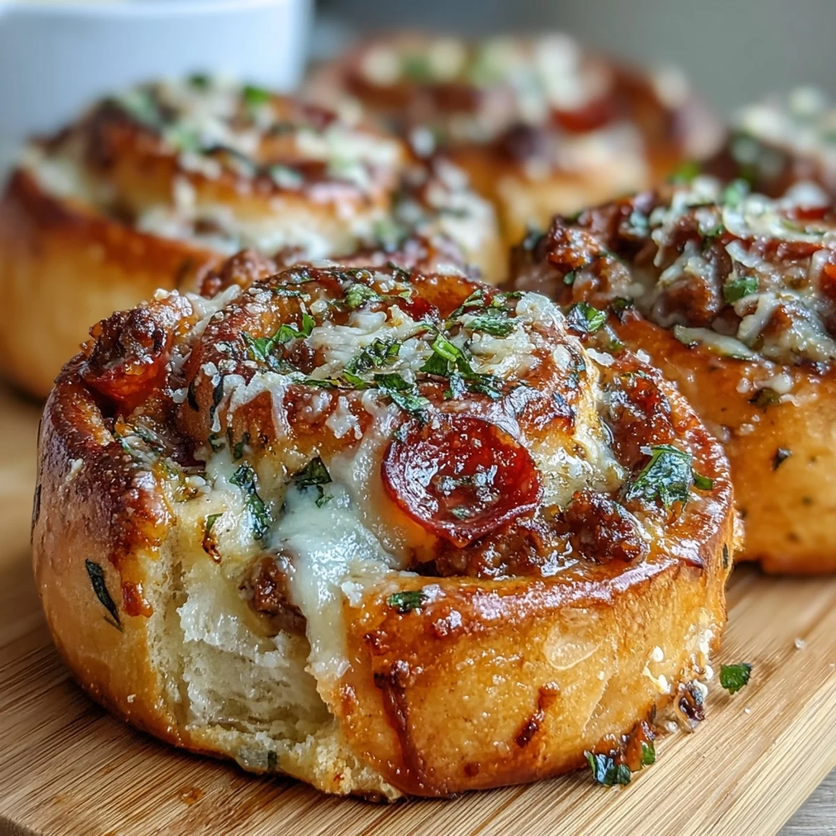Freshly baked Irresistible High Protein Pepperoni Pizza Rolls reveal melty cheese and savory pepperoni filling when pulled apart for a snack.