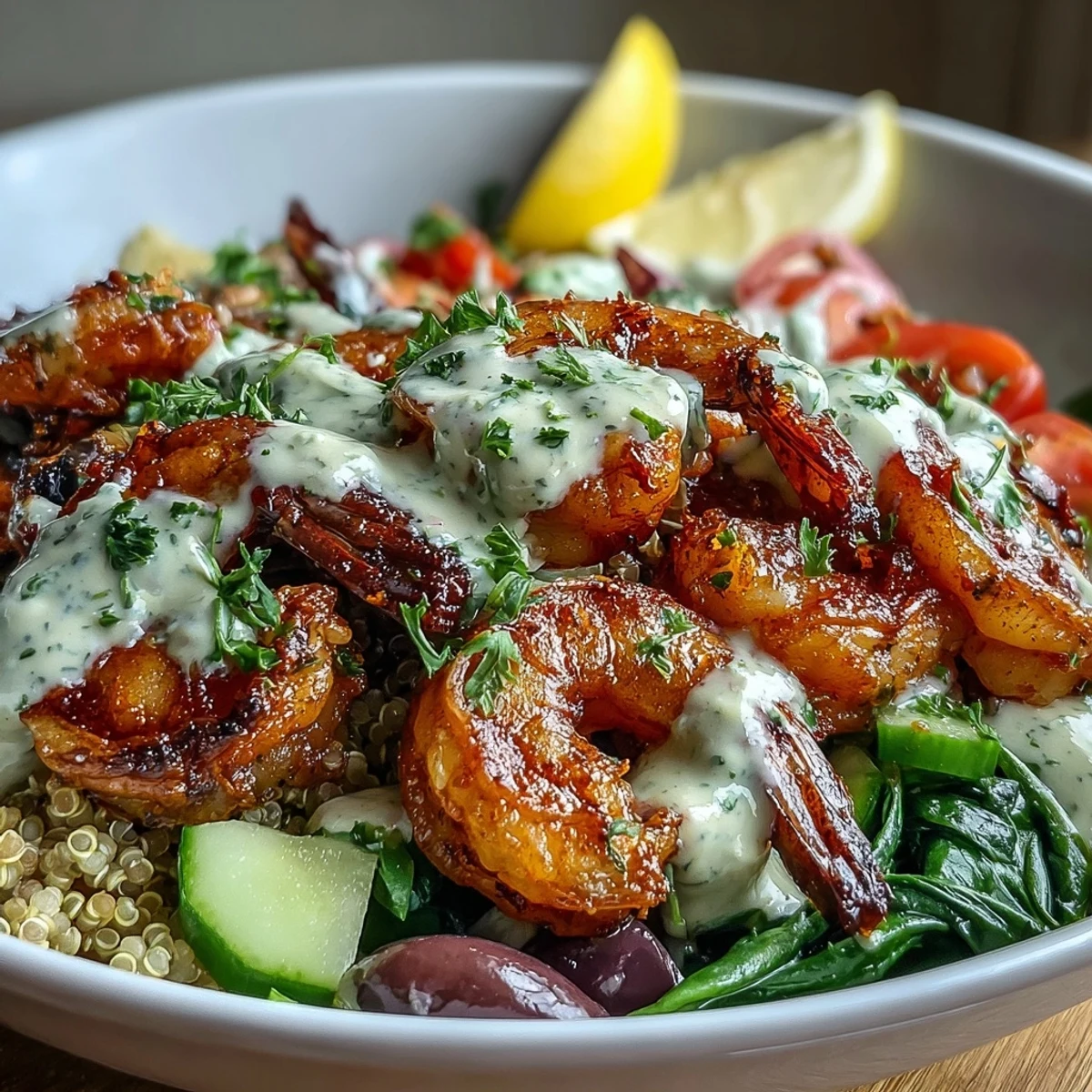 A Mediterranean Shrimp Bowl is plated with sautéed shrimp over grains and crisp vegetables. Creamy tahini sauce, fresh parsley garnish, and lemon wedges brighten the colorful, healthy main dish.