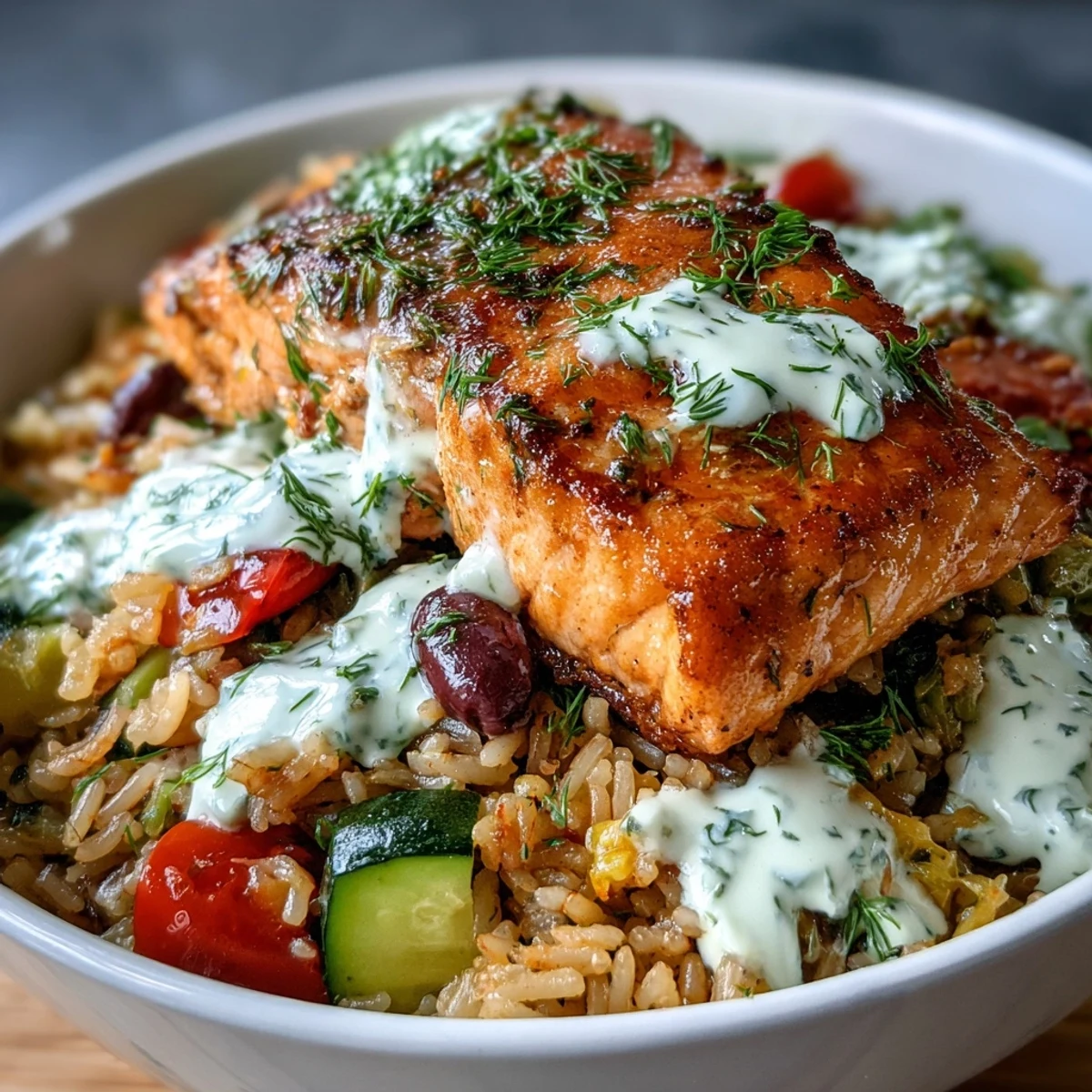 Crispy Rice Salmon Bowl topped with flaky pan-seared salmon and vibrant Mediterranean vegetables.