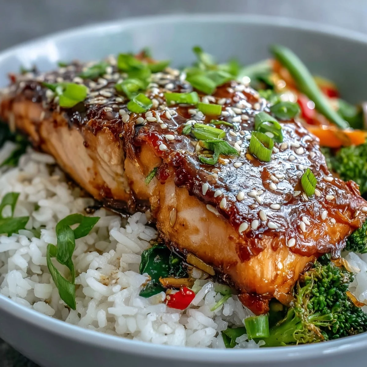 Savory-sweet Teriyaki Salmon Bowl served steaming hot, topped with green onions and sesame seeds, perfect for a quick weeknight meal.